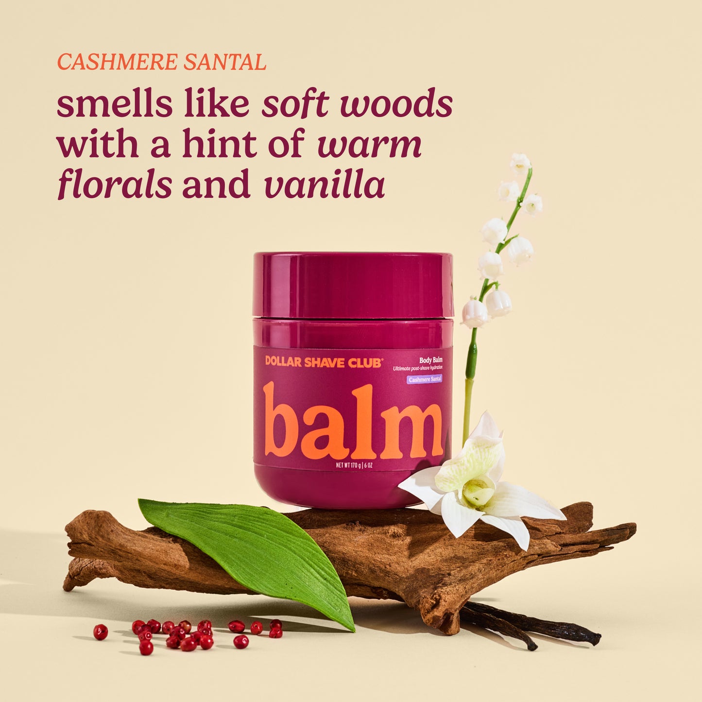 Dollar Shave Club balm jar with cashmere santal description on a beige background