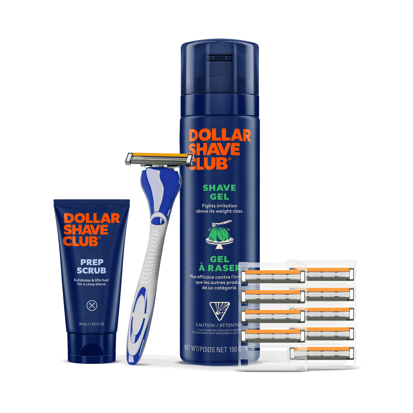 Humble Twin Starter Set including Handle, Razor 10 ct, Shave Gel, and Prep Scrub.