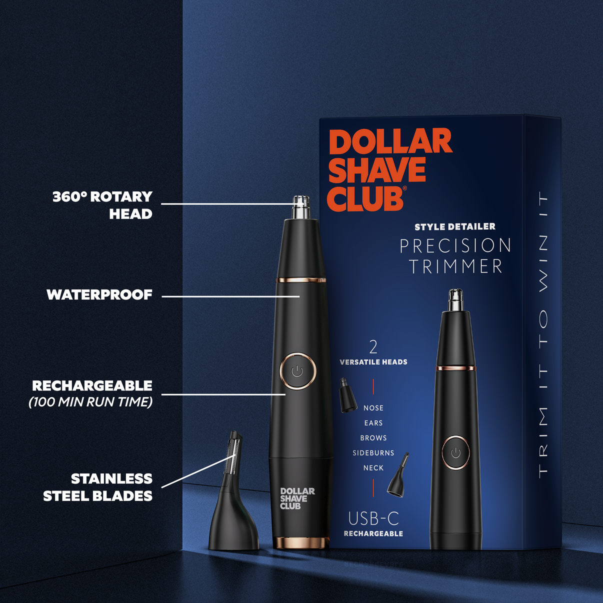 Style Detailer and comb attachment shown next to box with key product highlights called out.