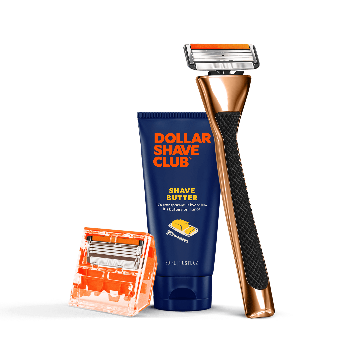 Dollar Shave Club razor and shave butter on a black background