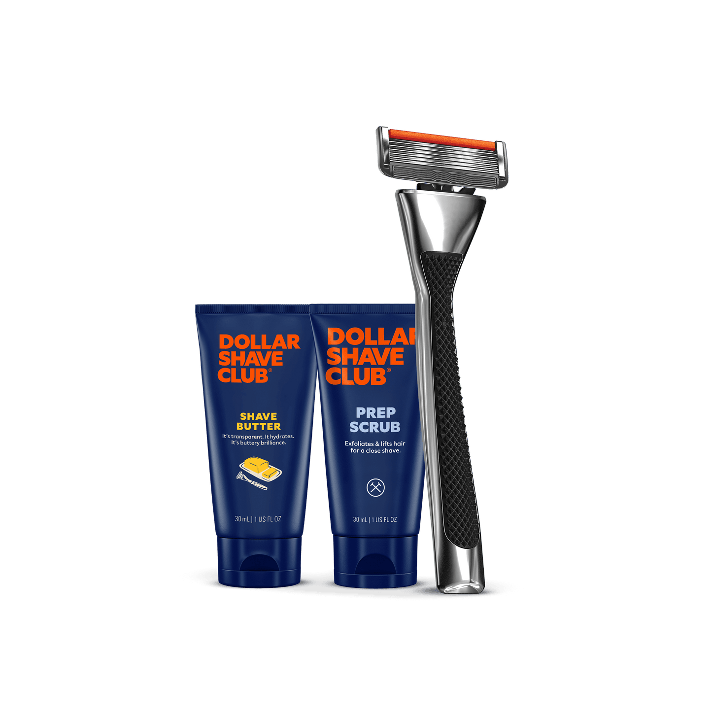 Dollar Shave Club products including a razor and two bottles on a black background