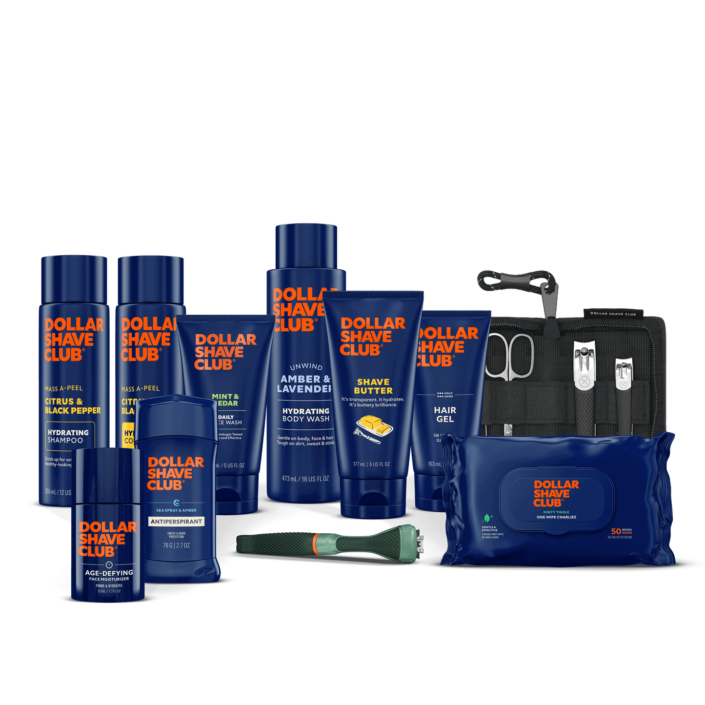 Collection of Dollar Shave Club products including bottles, a pouch, and grooming tools on a black background.
