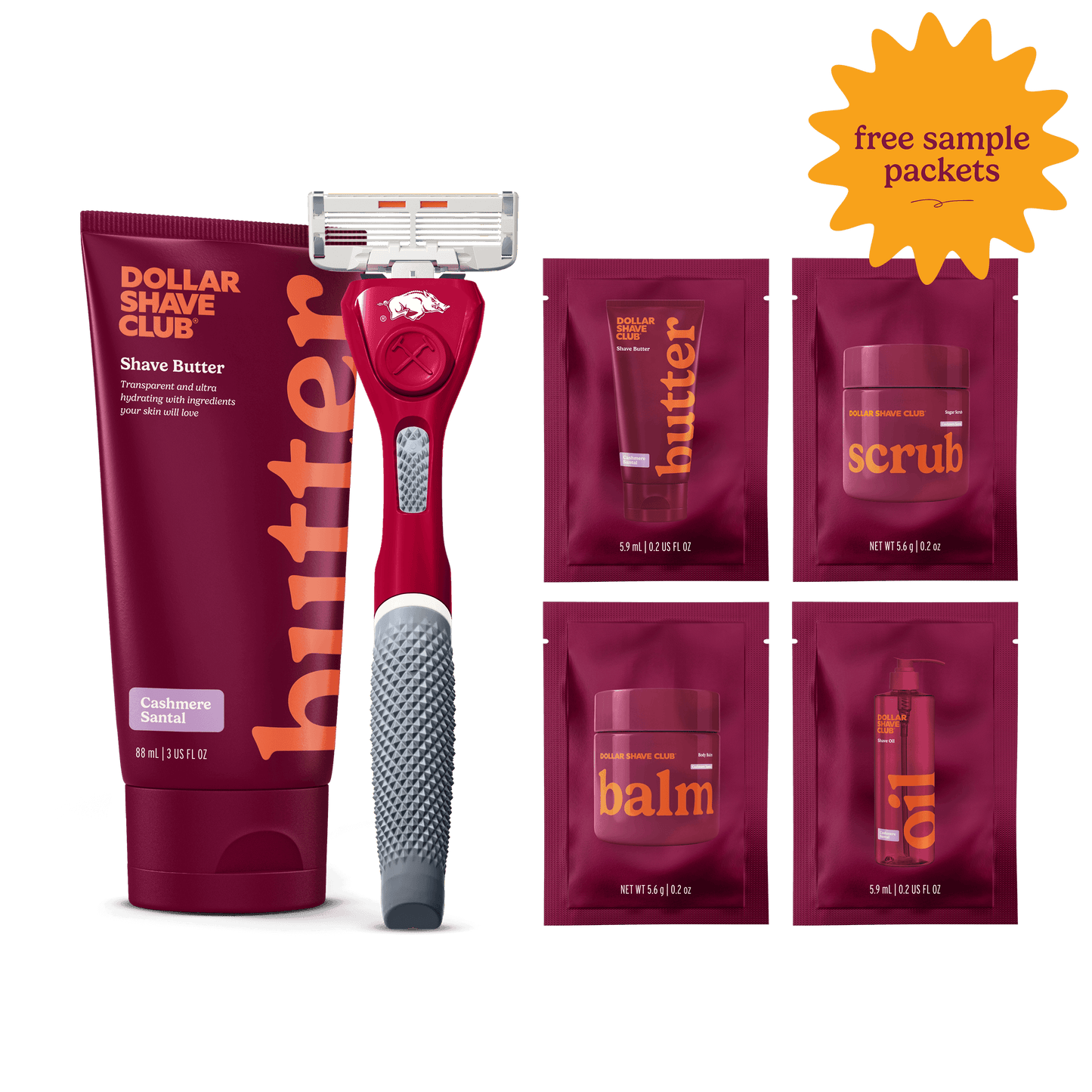 University of Arkansas Starter Set with handle, shave butter, and four shave aid samples