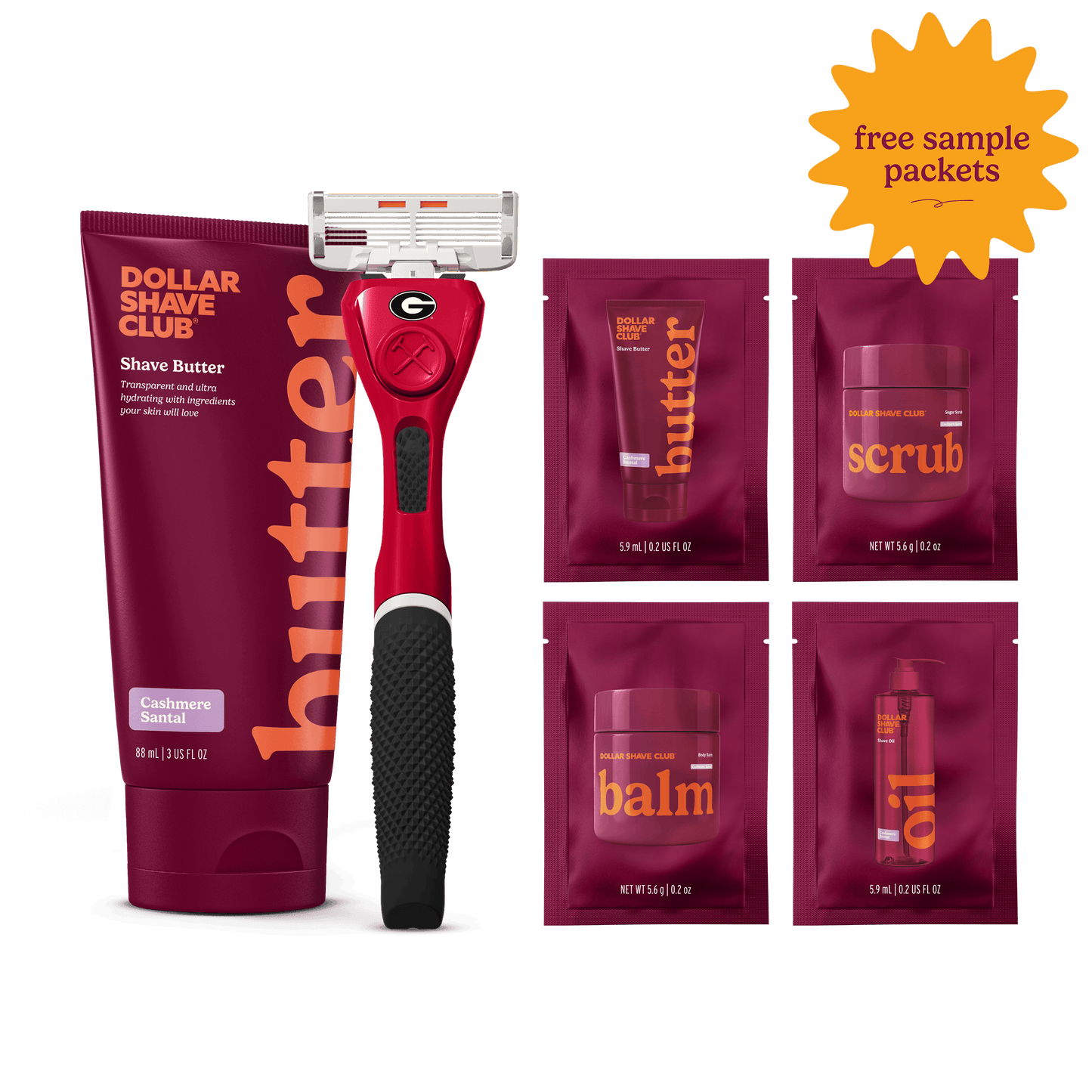 University of Georgia Starter Set including handle, shave butter, and four shave aid samples