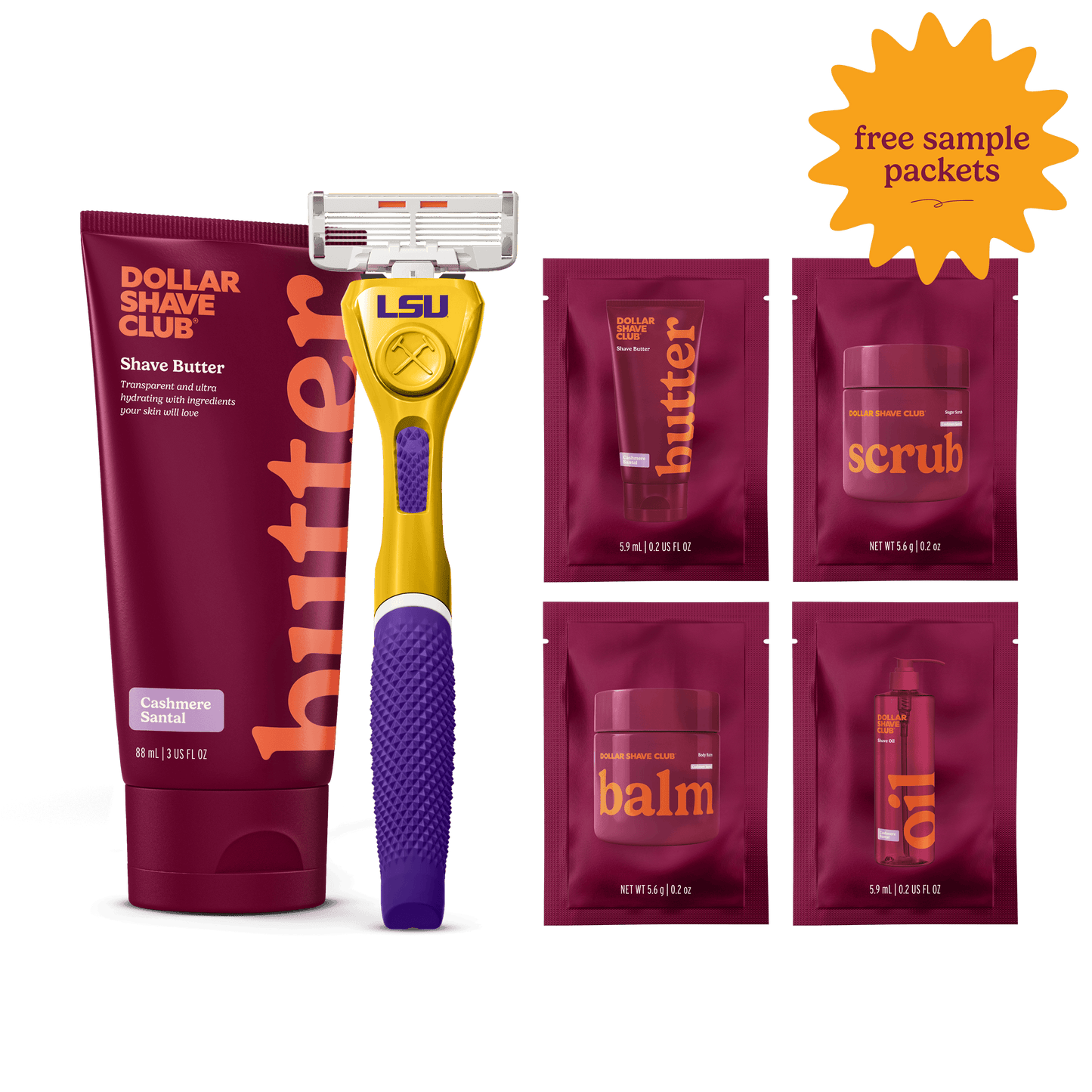 LSU Starter Parck with handle, shave butter, and four shave aid samples