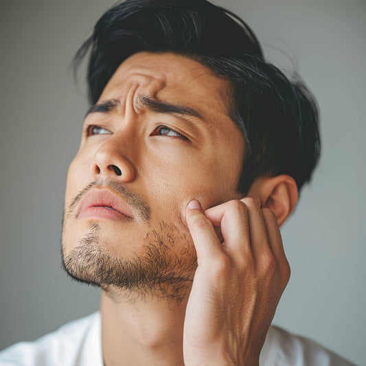 A man inspecting his face with his fingers.