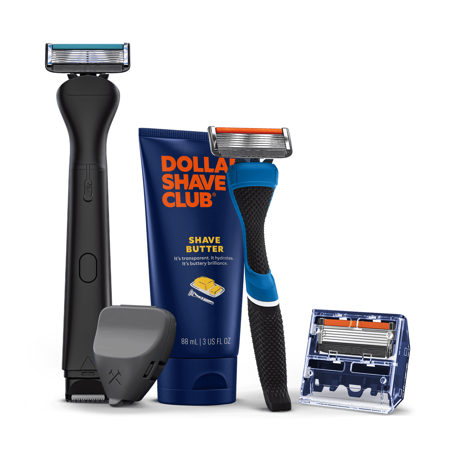 Dollar Shave Club razors and shave butter on a black background