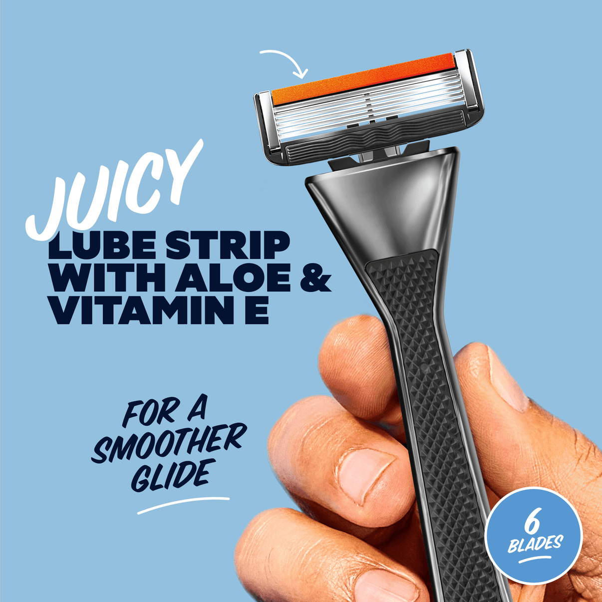 Shaving razor with a hand holding it against a blue background, featuring text about aloe and vitamin E.