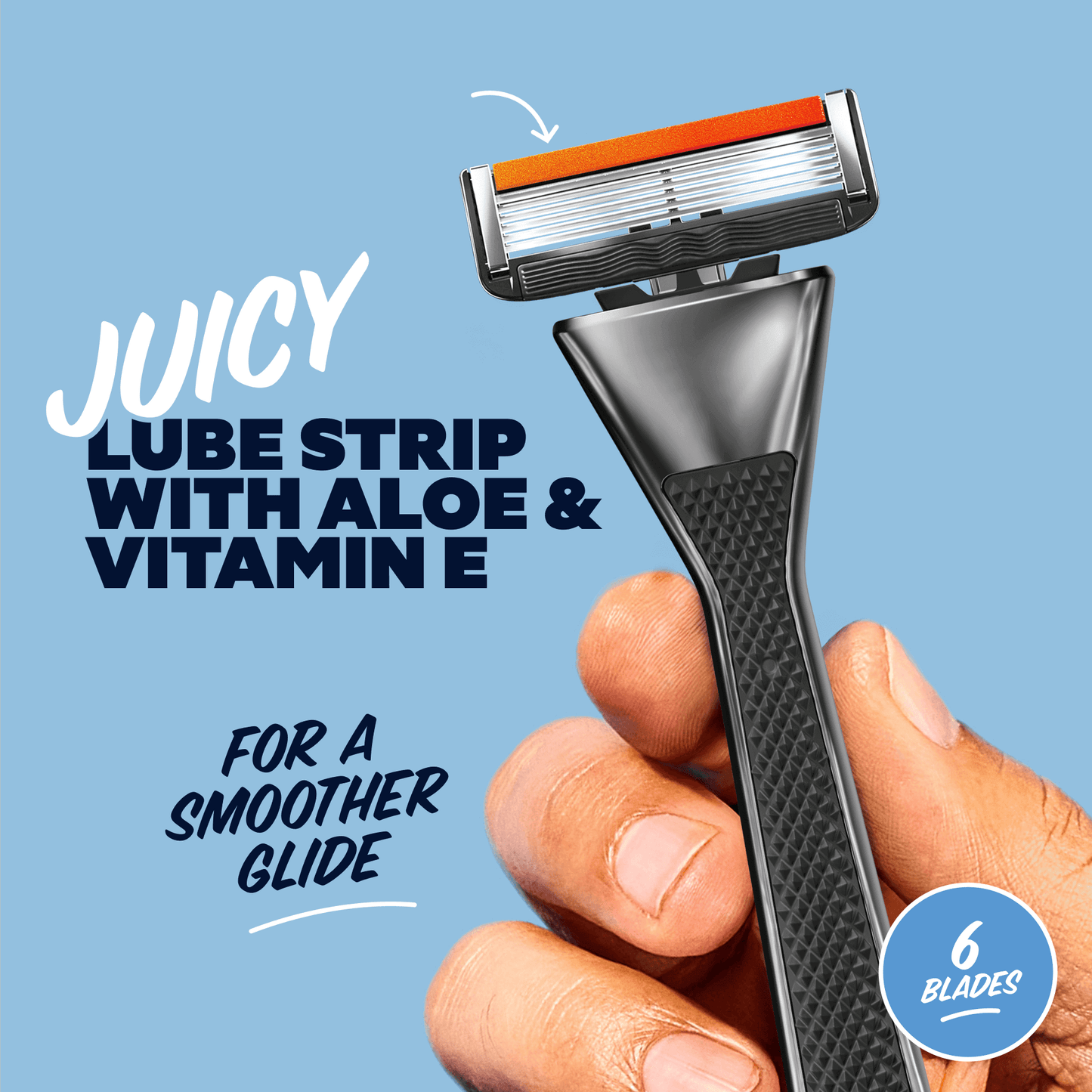 Shaving razor with a hand holding it against a blue background, featuring text about aloe and vitamin E.