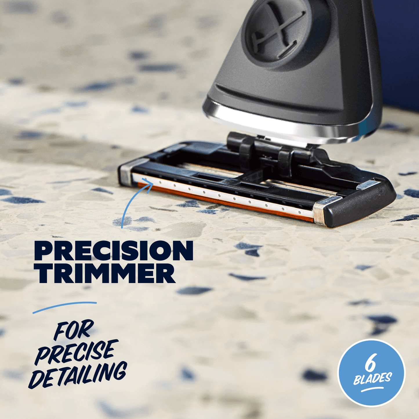 Precision trimmer with six blades on a textured surface