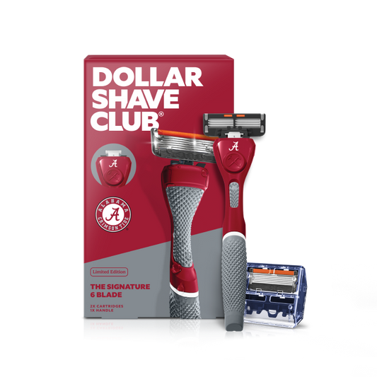 Dollar Shave Club razor with packaging featuring University of Alabama logo on a white background