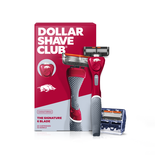 Dollar Shave Club razor with University of Arkansas logo and packaging on a white background