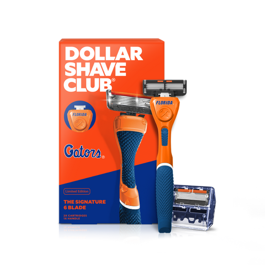 Dollar Shave Club razor with packaging featuring University of Florida Gators branding on a white background