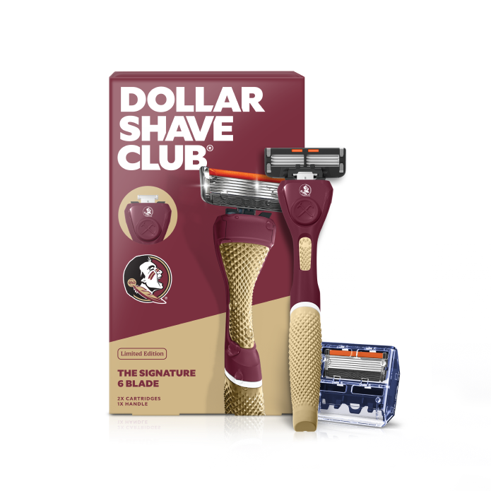 Dollar Shave Club Florida State University razor and packaging on a white background