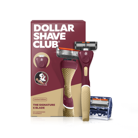 Dollar Shave Club Florida State University razor and packaging on a white background