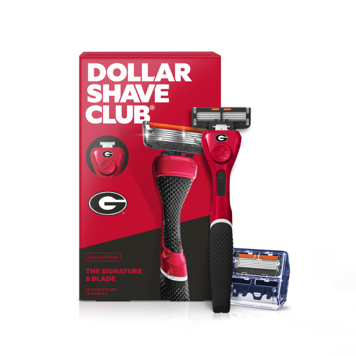 Dollar Shave Club University of Georgia razor with packaging on a white background