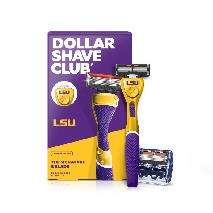 Dollar Shave Club Louisiana State University grooming kit on a white background. Includes a purple razor handle with the LSU Tigers logo, 24 blades, Shave Butter, Prep Scrub, a black 3-in-1 electric trimmer, and a black traveler case.