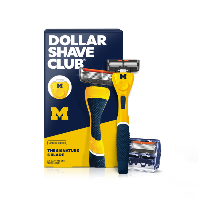 Dollar Shave Club University of Michigan razor and packaging on a white background