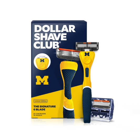 Dollar Shave Club University of Michigan razor and packaging on a white background