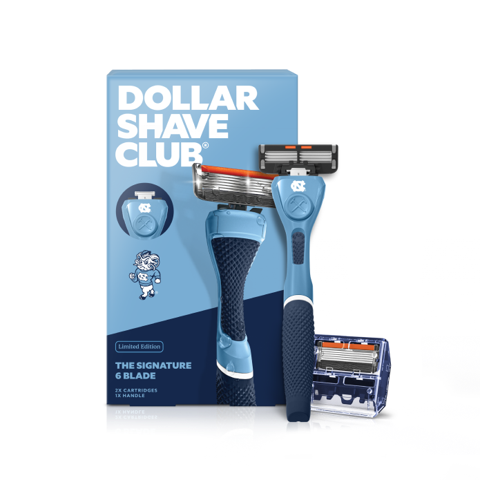 Dollar Shave Club University of North Carolina razor and UNC packaging on a white background