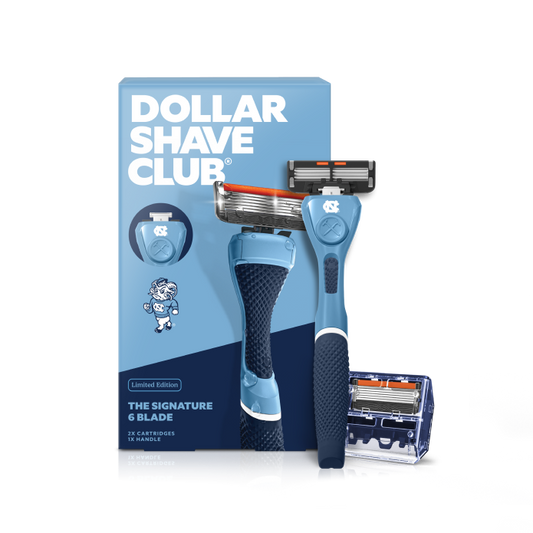 Dollar Shave Club University of North Carolina razor and UNC packaging on a white background