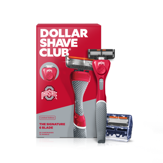 Dollar Shave Club razor and packaging with Ohio State branding on a white background