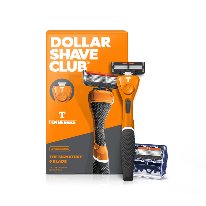 Dollar Shave Club razor with packaging featuring University of Tennessee branding on a white background