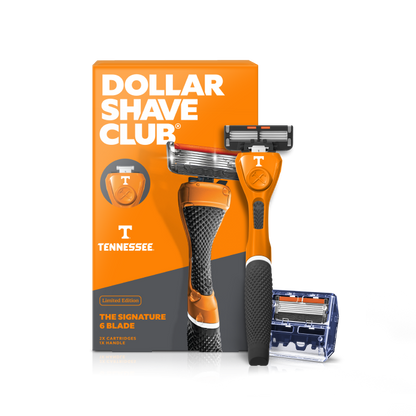 Dollar Shave Club razor with packaging featuring University of Tennessee branding on a white background