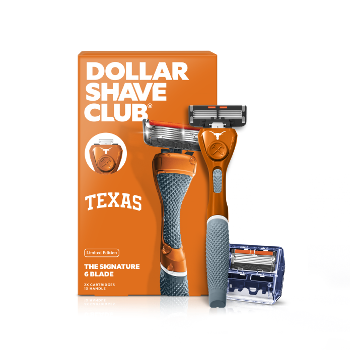 Dollar Shave Club University of Texas razor with packaging on a white background