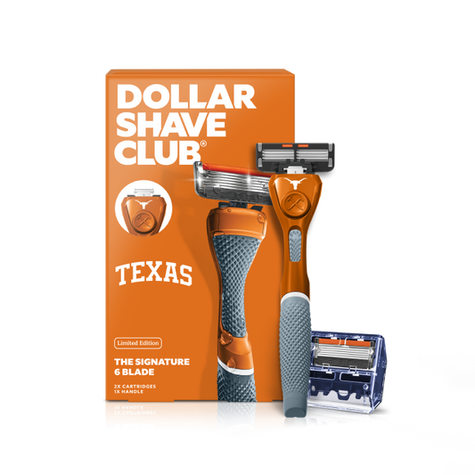 Dollar Shave Club University of Texas razor with packaging on a white background