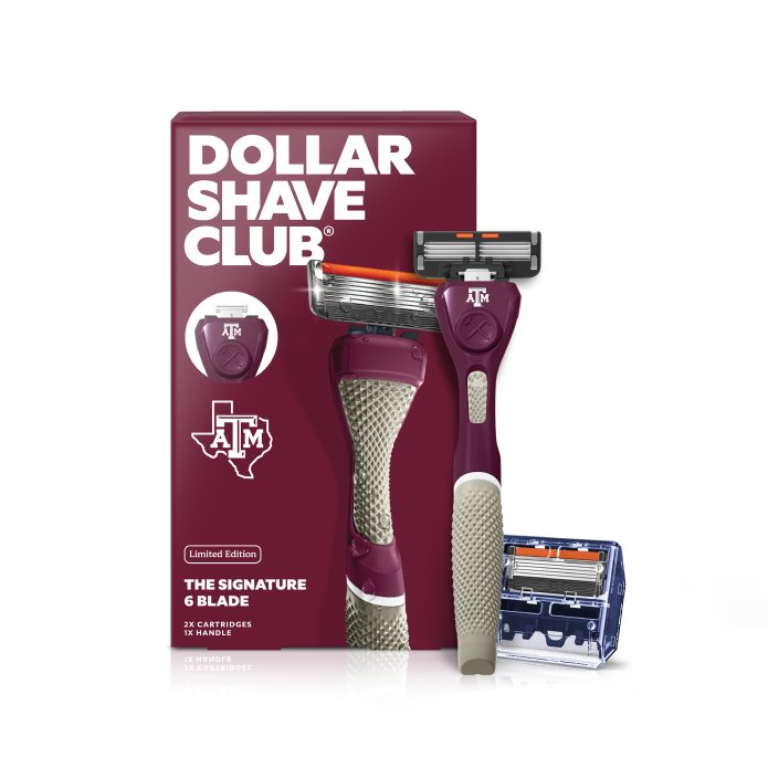 Dollar Shave Club razor set with packaging featuring Texas A&M logo on a white background