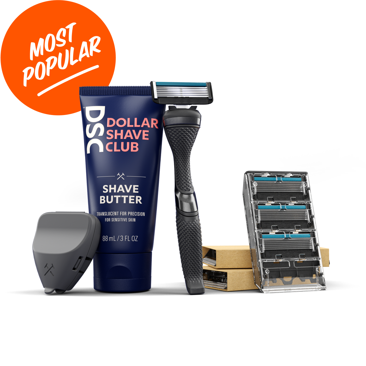 Shave bundle featuring 12 razor blades, handle, shave butter, and razor cover.