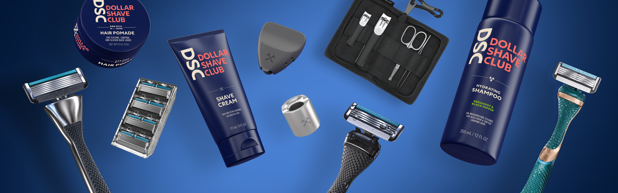 Different types of grooming products floating against a blue background.