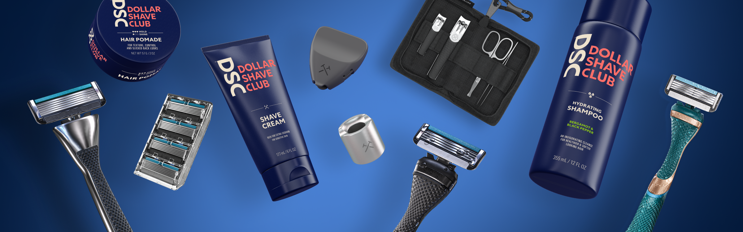 Different types of shaving and grooming products floating against a blue background.