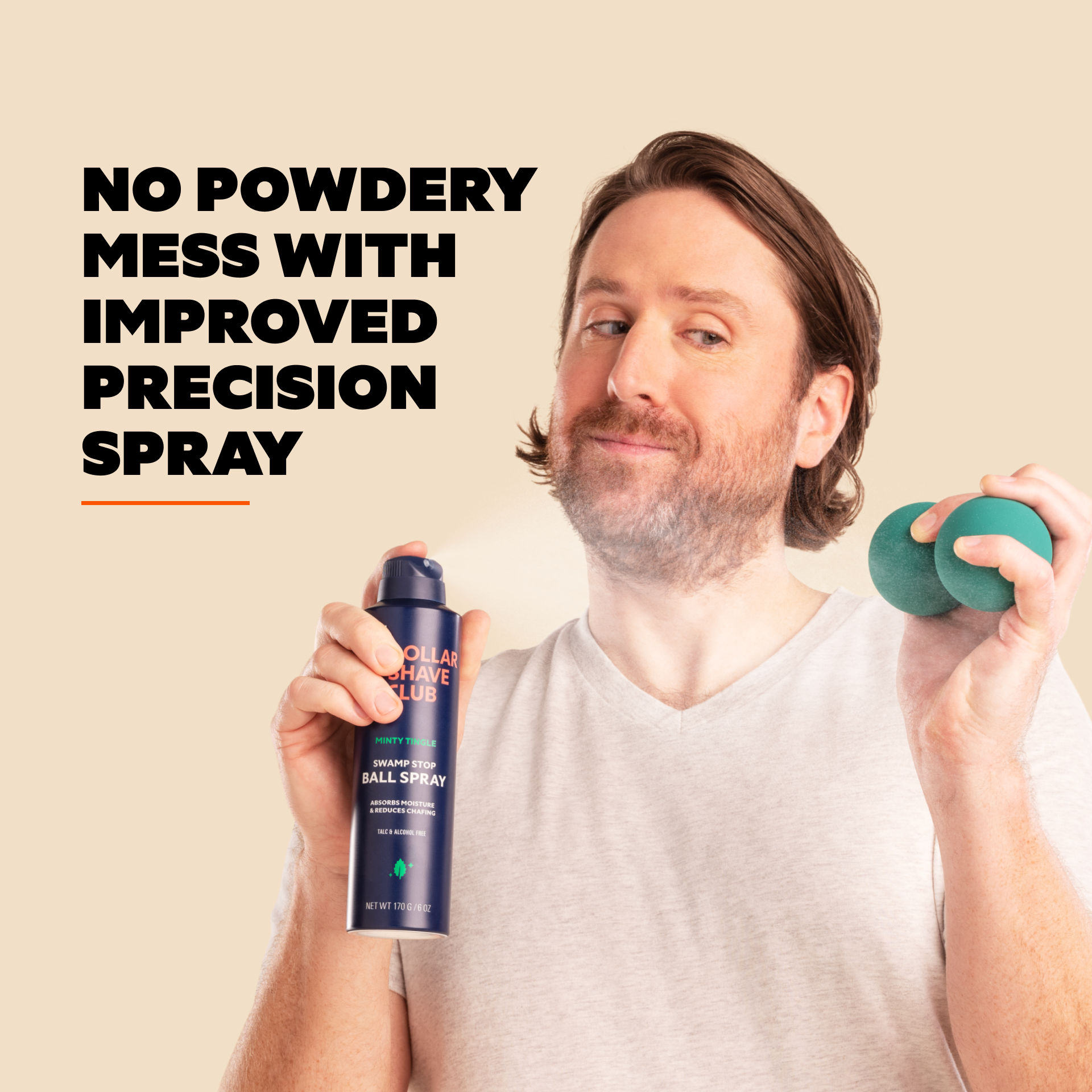 Picture of a man holding a can of Ball Spray spraying on 2  sport balls with text "No powdery mess with imporved precision spray"