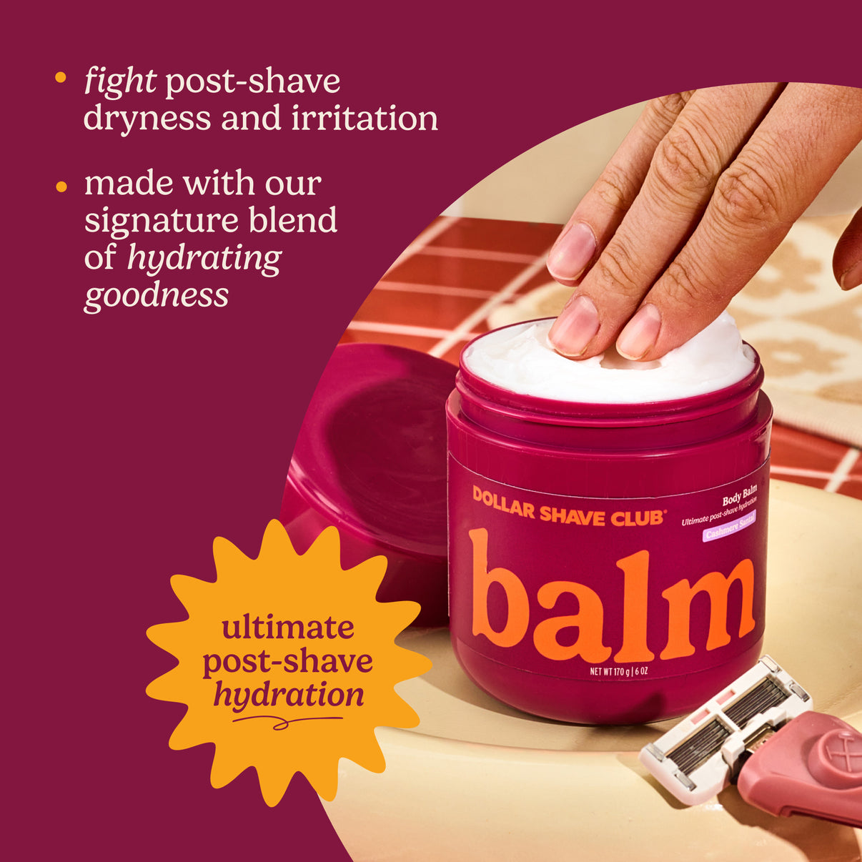 Dollar Shave Club balm jar with hand applying balm, text about post-shave benefits.