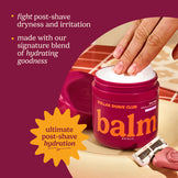 Dollar Shave Club balm jar with hand applying balm, text about post-shave benefits.