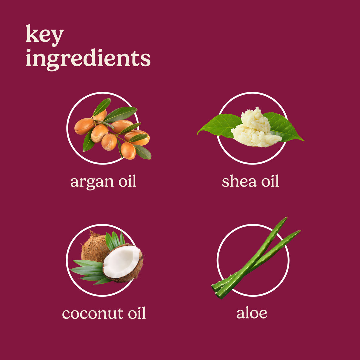 Key ingredients including argan oil, shea oil, coconut oil, and aloe on a purple background.