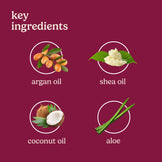 Key ingredients including argan oil, shea oil, coconut oil, and aloe on a purple background.