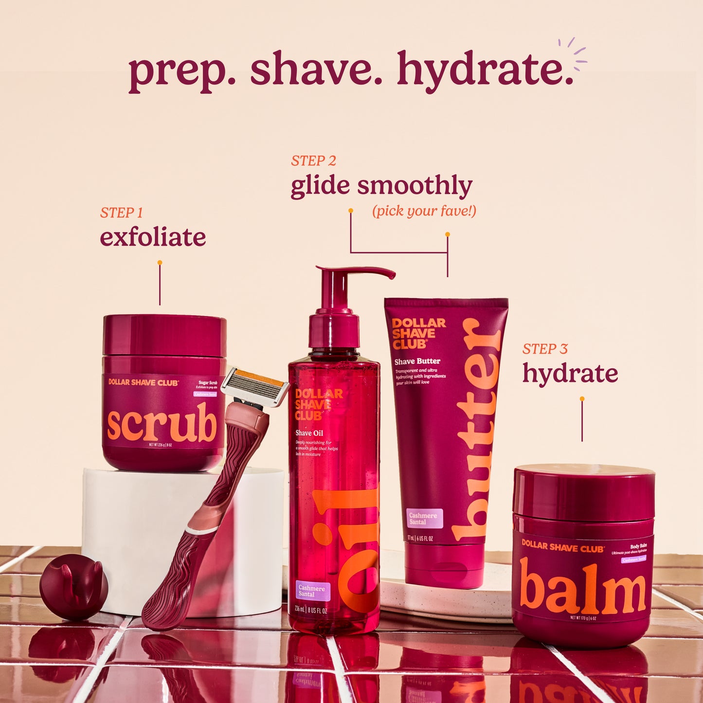 Step 1: Exfoliate, step 2: glide smoothly, step 3: hydrate