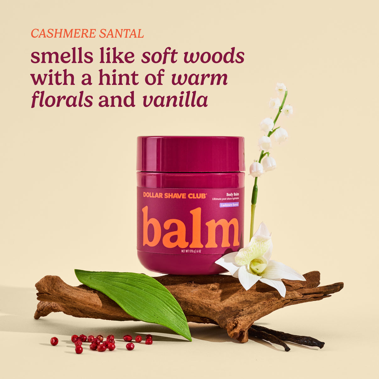 Dollar Shave Club balm jar with cashmere santal description on a beige background