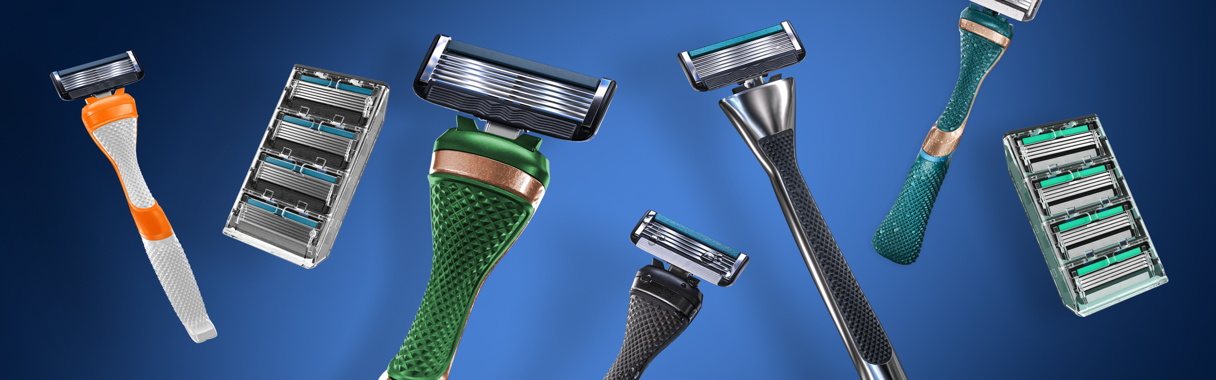 Different types of razor blades and razor handles floating against a blue background.