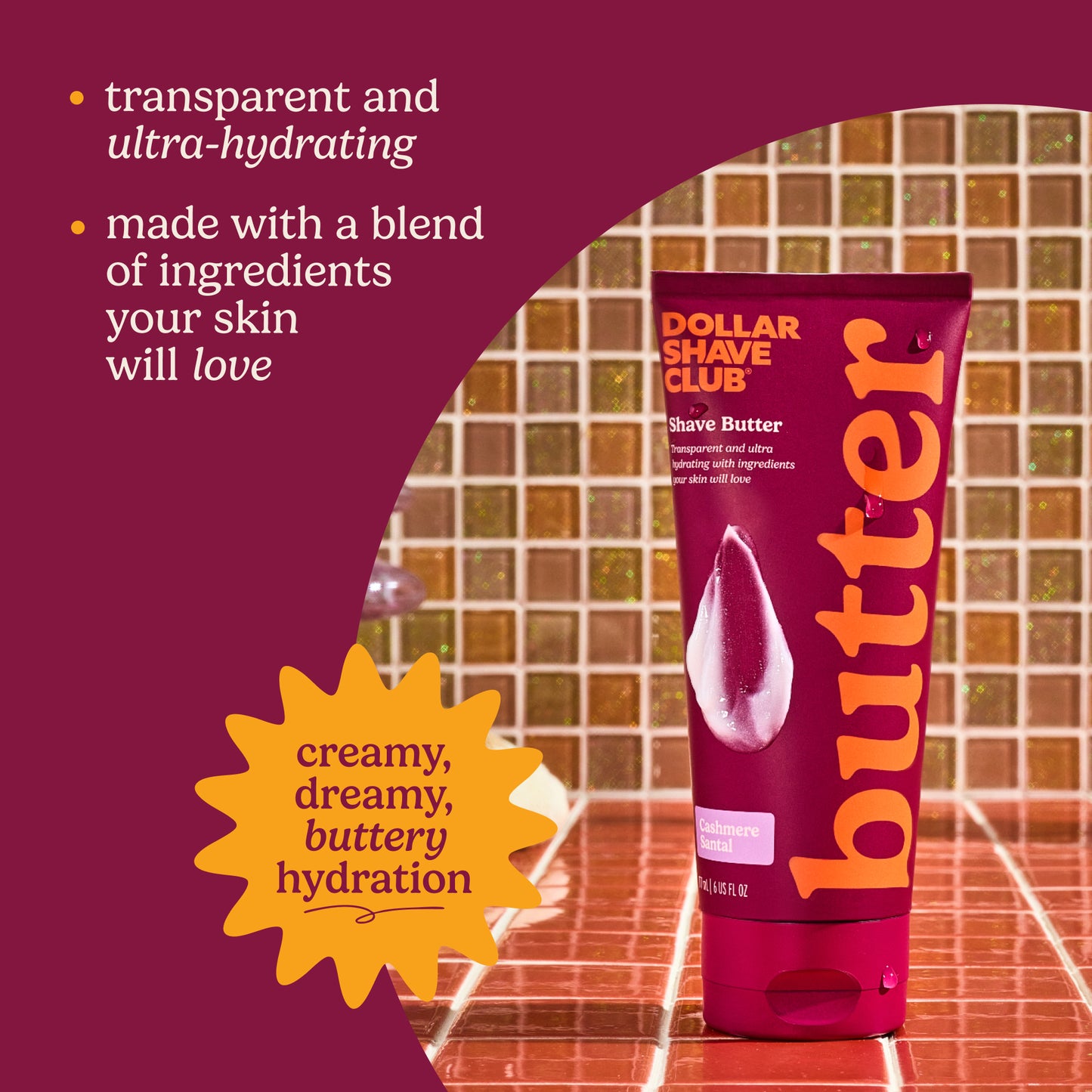 Dollar Shave Club butter shave butter tube with promotional text on a tiled bathroom background