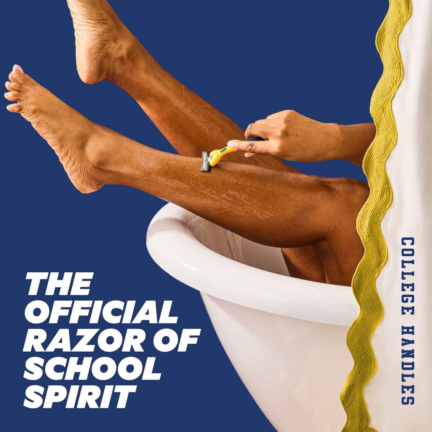 Person shaving legs with a razor, promotional text for 'The Official Razor of School Spirit' on a blue background.