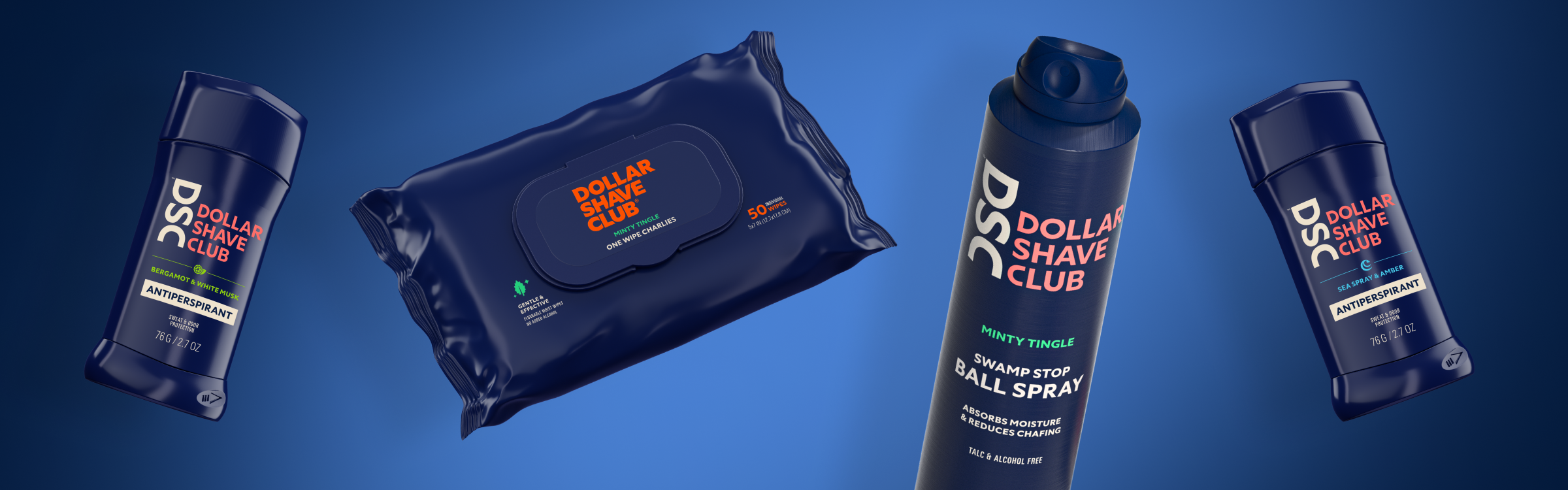 Different types of deodorant and body wipe products floating against a blue background.