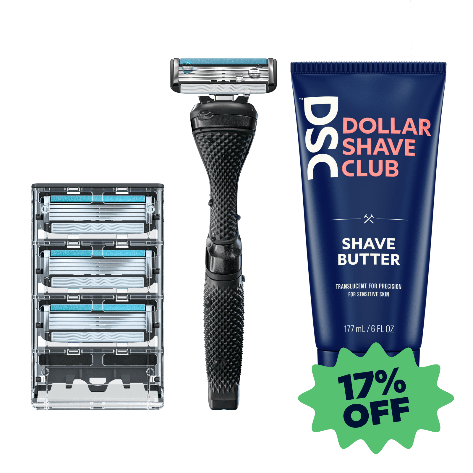 Dollar Shave Club Buttery Starter Kit 4 Blade Image Featuring All Products on Tan Backdrop.