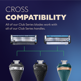 Three Club Series handles with two Club Series blades above them, all cross compatible.