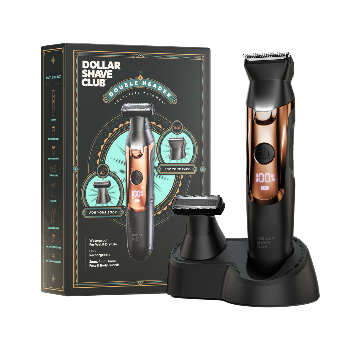 Dollar Shave Club L Double Header Electric Trimmer L Cordless, Multi-Use Men's Grooming Face & Ball Trimmer L Rechargeable, Waterproof L Black/Bronze