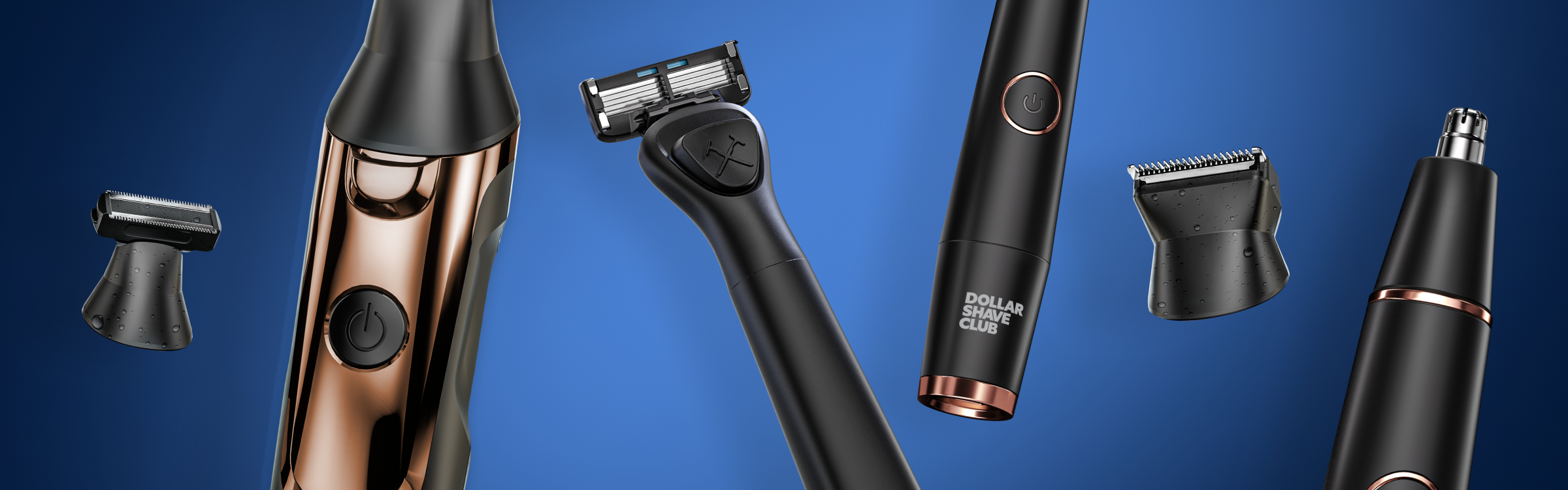 Different types of electric grooming products floating against a blue background.