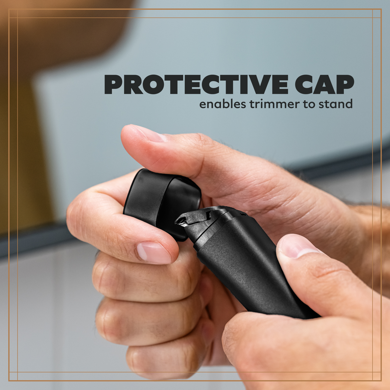 A photo of a hand taking off the protective cap of the trimmer end of the 3-in-1 Freestyler